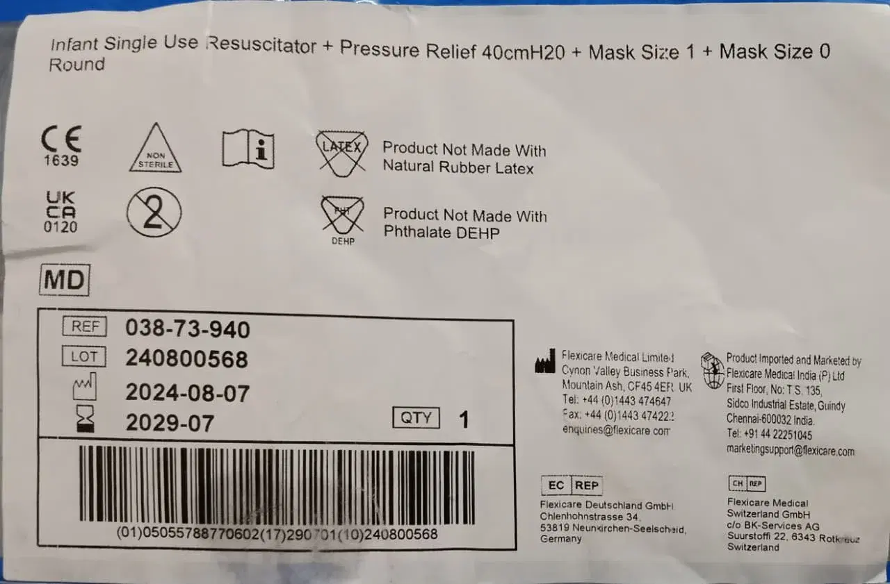 Flexicare Infant Single Use Resuscitators Pressure Relief 40cmH20 Mask Size 1 /Mask Size 0 Round